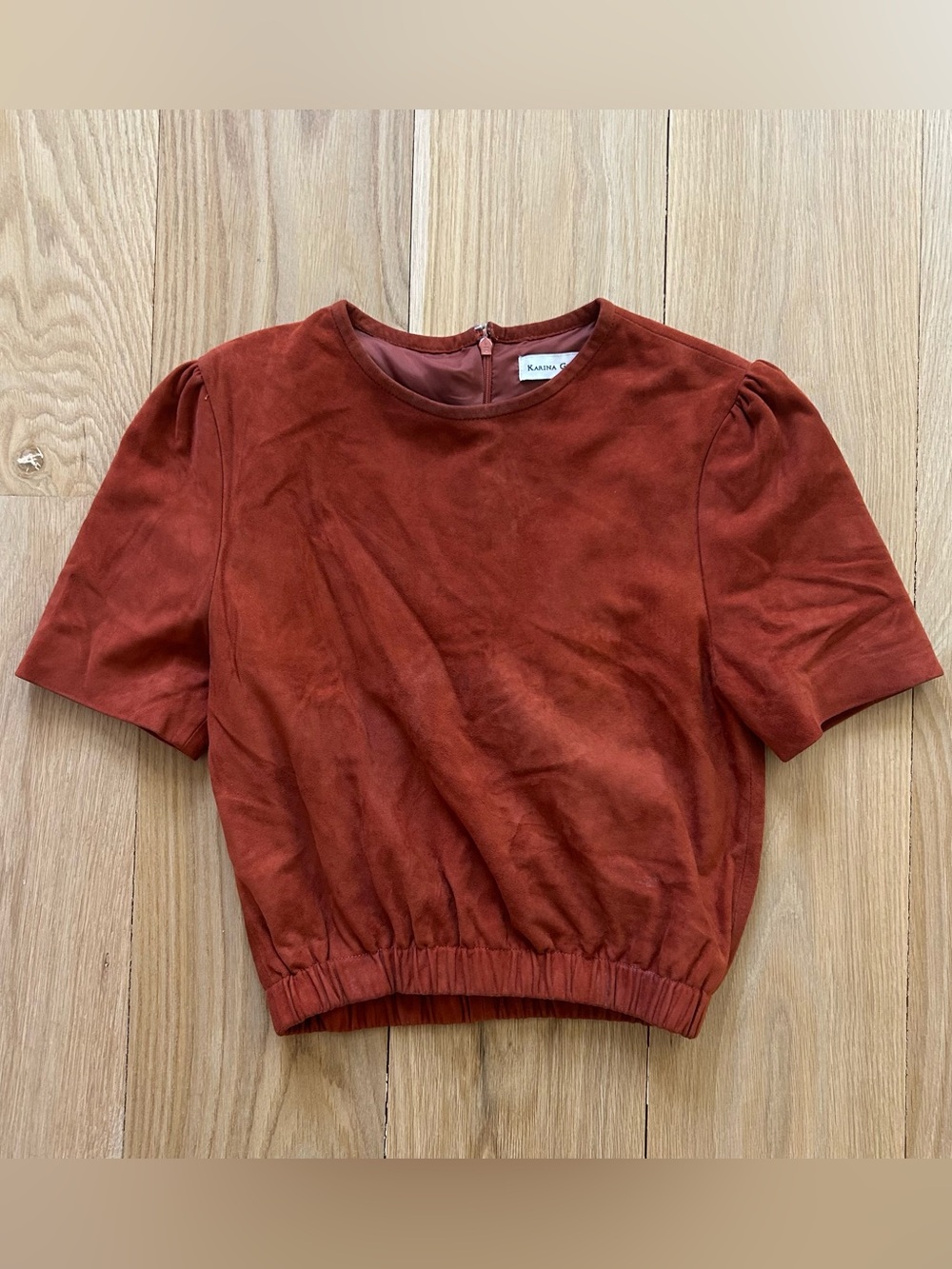 Karina Grimaldi XS Rust Orange 100% Lamb Suede Leather Puff Sleeve Top